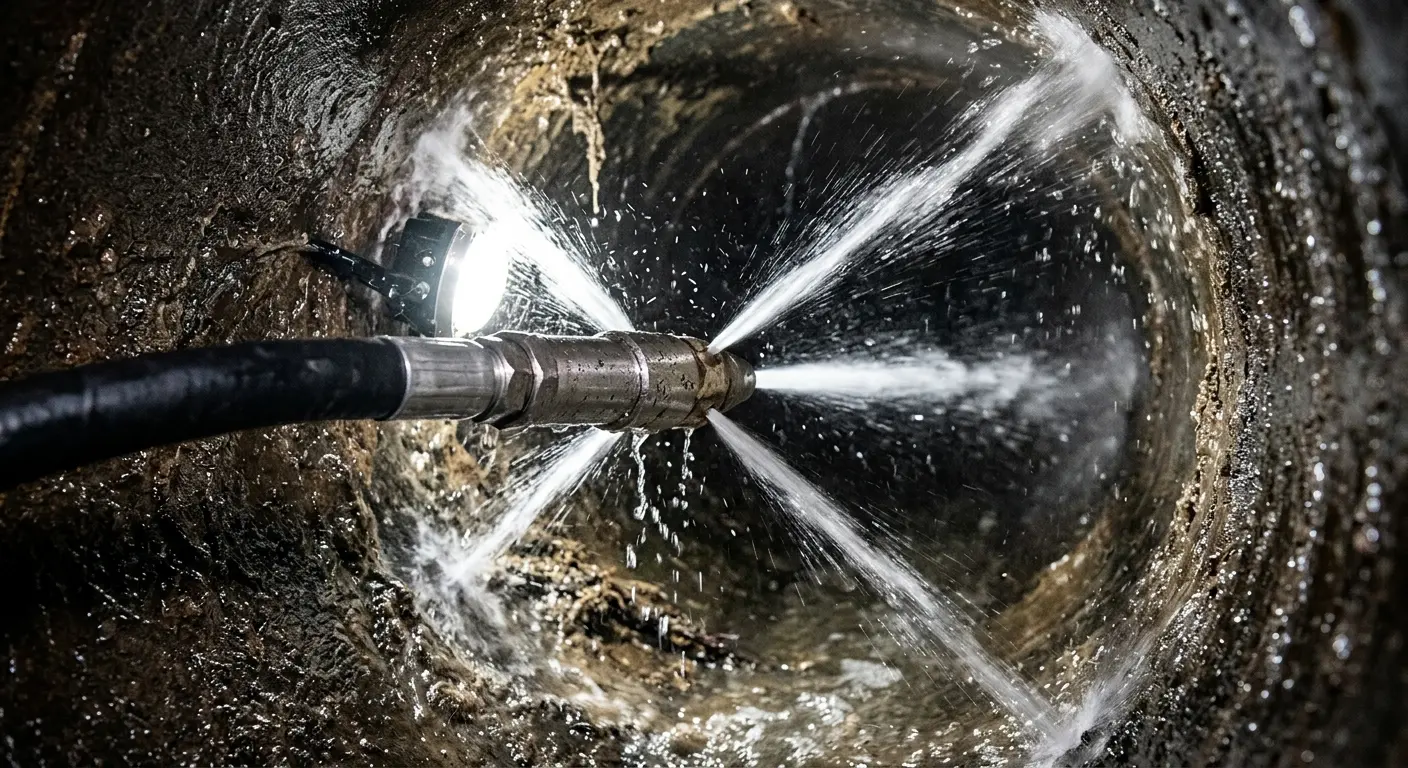 High-pressure hydro jetting nozzle cleaning sewer pipe for Sewer Cleanout in Menlo Park