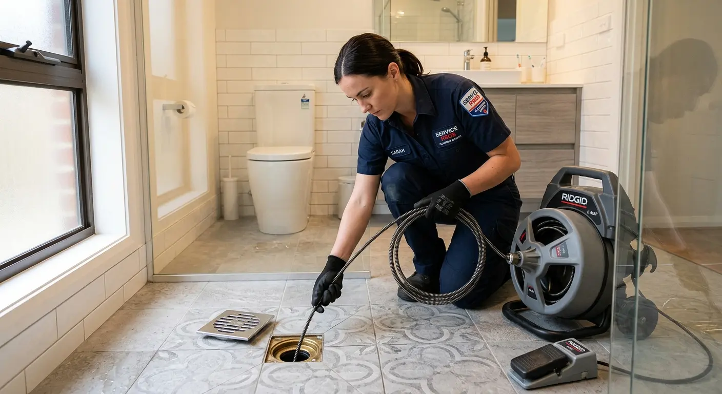 Technician clearing a bathroom floor drain for Hydro Jetting in Menlo Park